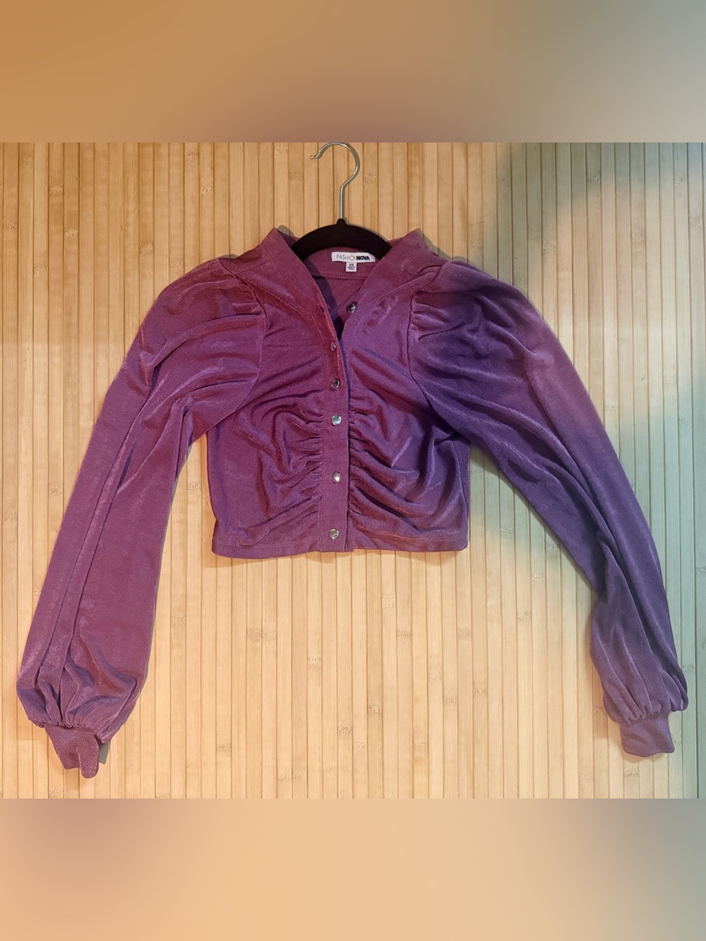 Fashion Nova Purple Velour Ruched Cropped Cardigan Top - XS